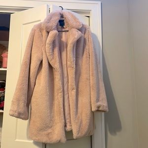 Blush pink, fuzzy coat, never worn, brand new condition.
